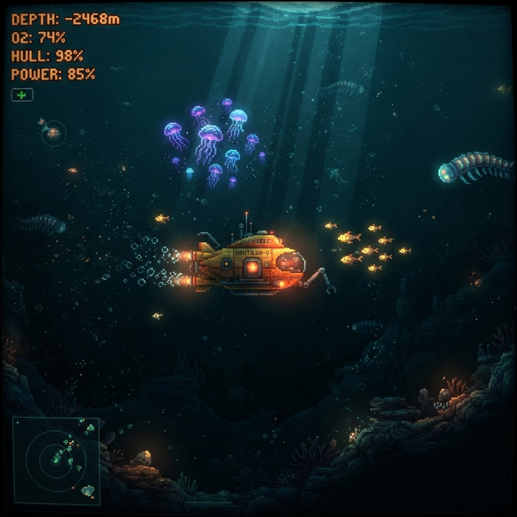 Pixel-art rendering of Abyss Drift: a glowing submersible drifting through a dark bioluminescent ocean abyss